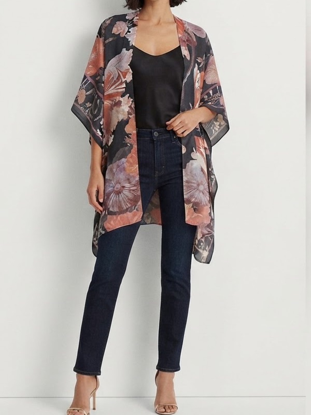 Nine West Black Floral Top with Peach and Lavender Accents